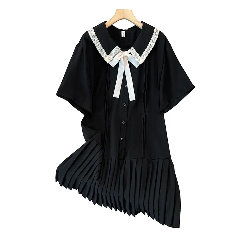 160Kg Plus Size Women's Bust 160 Summer Loose Doll Neck Lace Up Hem Wrinkled Dress Black 6XL 7XL 8XL 9XL 10XL