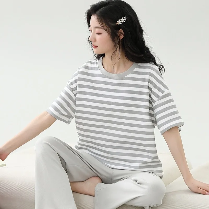

Summer Womens Homewear 2 Piece Cotton Dressing Gown Cartoon Girls Nightgown Short Sleeve Sleepwear with Chest Pad