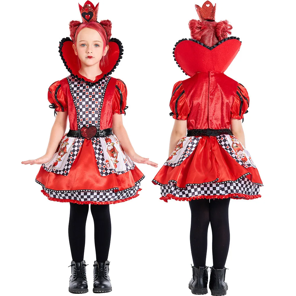 女の子向け、赤い女王のハート柄コスチューム、子供用、ポーカー柄プリントのプリンセスドレス、パフスリーブのショートドレス、ハロウィーン、カーニバル、パーティー用衣装-ps66