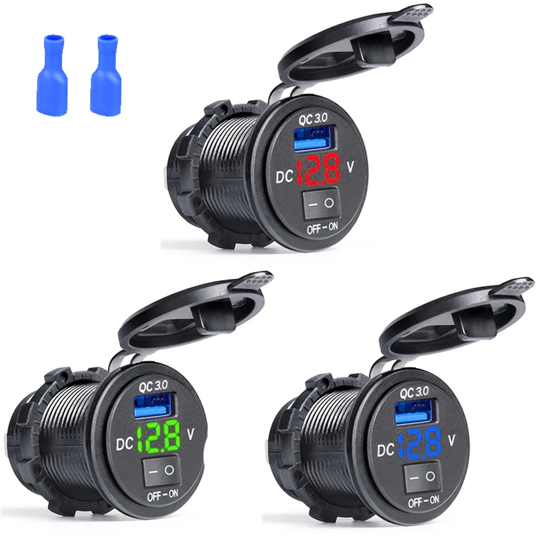 Quick Charge 3.0 USB Car Charger Socket Digital Display Voltmeter USB Charger Socket with ON-OFF Switch for Car Motorcycle ATV image 2