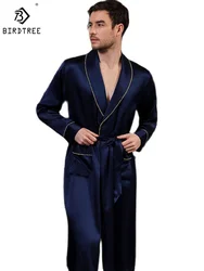 Birdtree Noble 100%Real Mulberry Silk Robes Men Long Sleeve Wedding Medium Long Robes Casual Fashion Elegance Hot Sale S38012QM