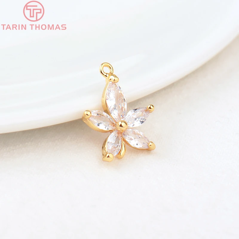 (908)4PCS 18.5*13.5MM 24K Gold Color Brass with Zircon Flower Charms Pendants High Quality Diy Jewelry Findings Accessories