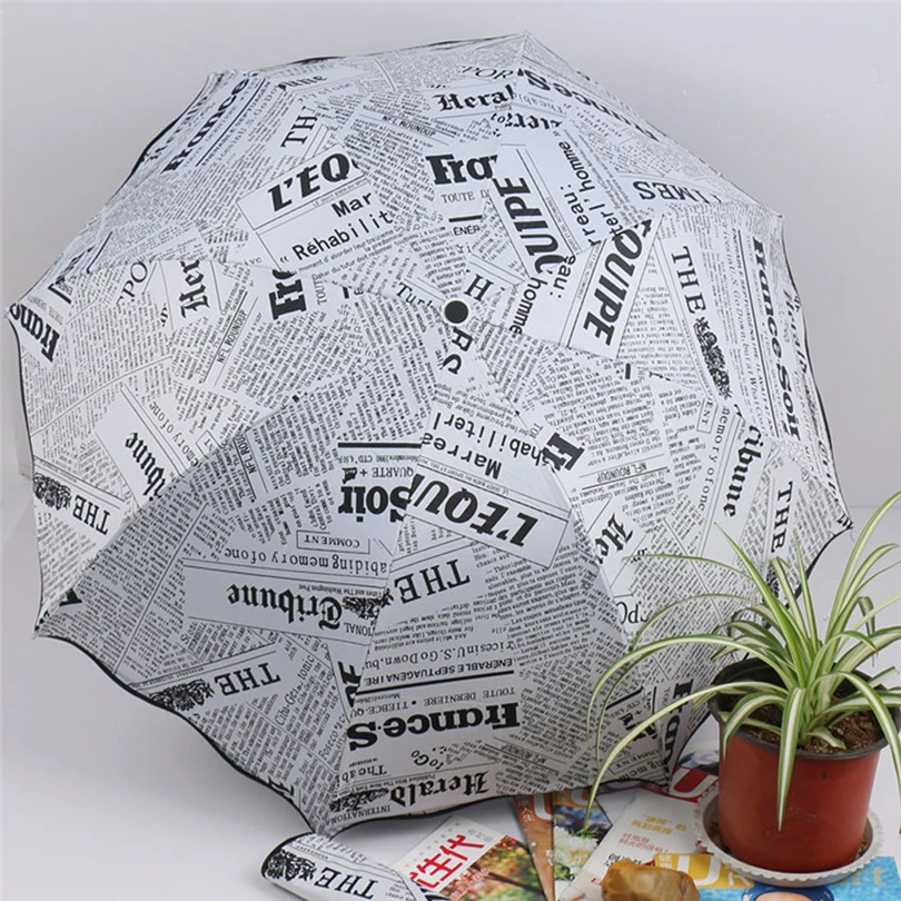 Newspaper Printing Three Folding Umbrellas Woman Lady Princess Dome Parasol Sun Rain Umbrella Flouncing Folding Lotus Leaves