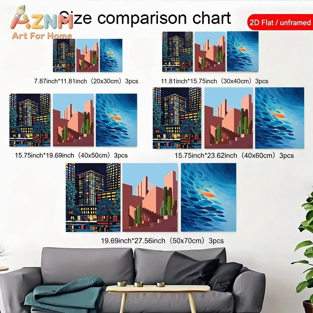 `3pcs Unframed Canvas Wall Art Night City Building Desert Cactus Architecture Ocean Fish Posters Prints for Living Room Bedroom