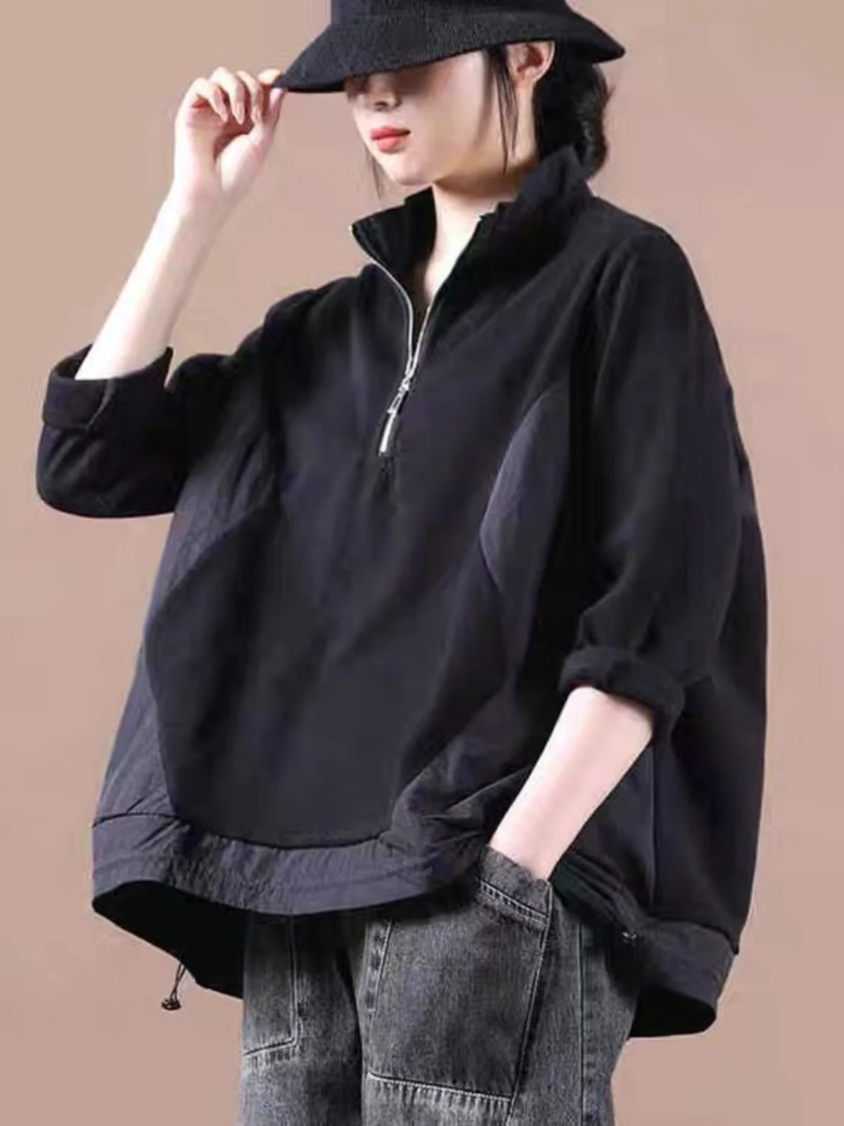 

Design Sensation Hoodie Women's Loose Fit Long Sve Zipper Ne ort Jaet Spring Autumn plus Size Slimming Effect