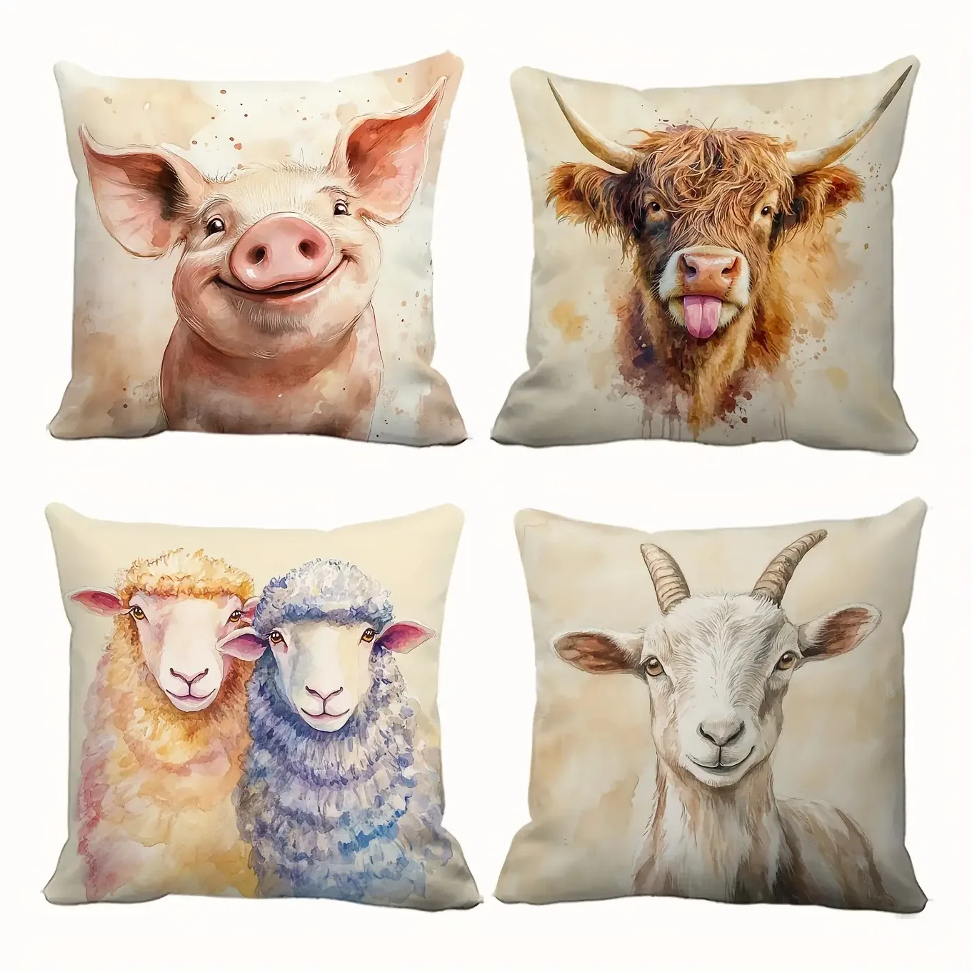 Vintage Farm Animal Watercolor Pillow Covers | Pig/Cow/Sheep/Goat Design | Contemporary Style for Thanksgiving, Harvest Festival