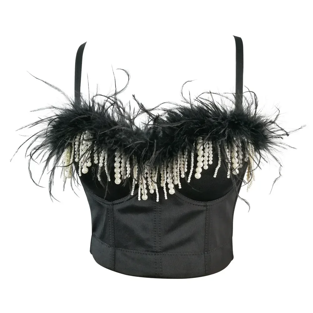 

Feather Crop Top with Beading and Tassels for Women Stage Shapewear Push-up Bras Bralette Club Party Underwear Sexy One-pieces