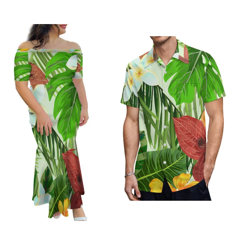 ساموا جزيرة هاواي الأزهار طباعة زهرة الكركديه تصميم المرأة فستان قميص رجالي عالية الجودة البولينيزية زوجين مجموعة 2025