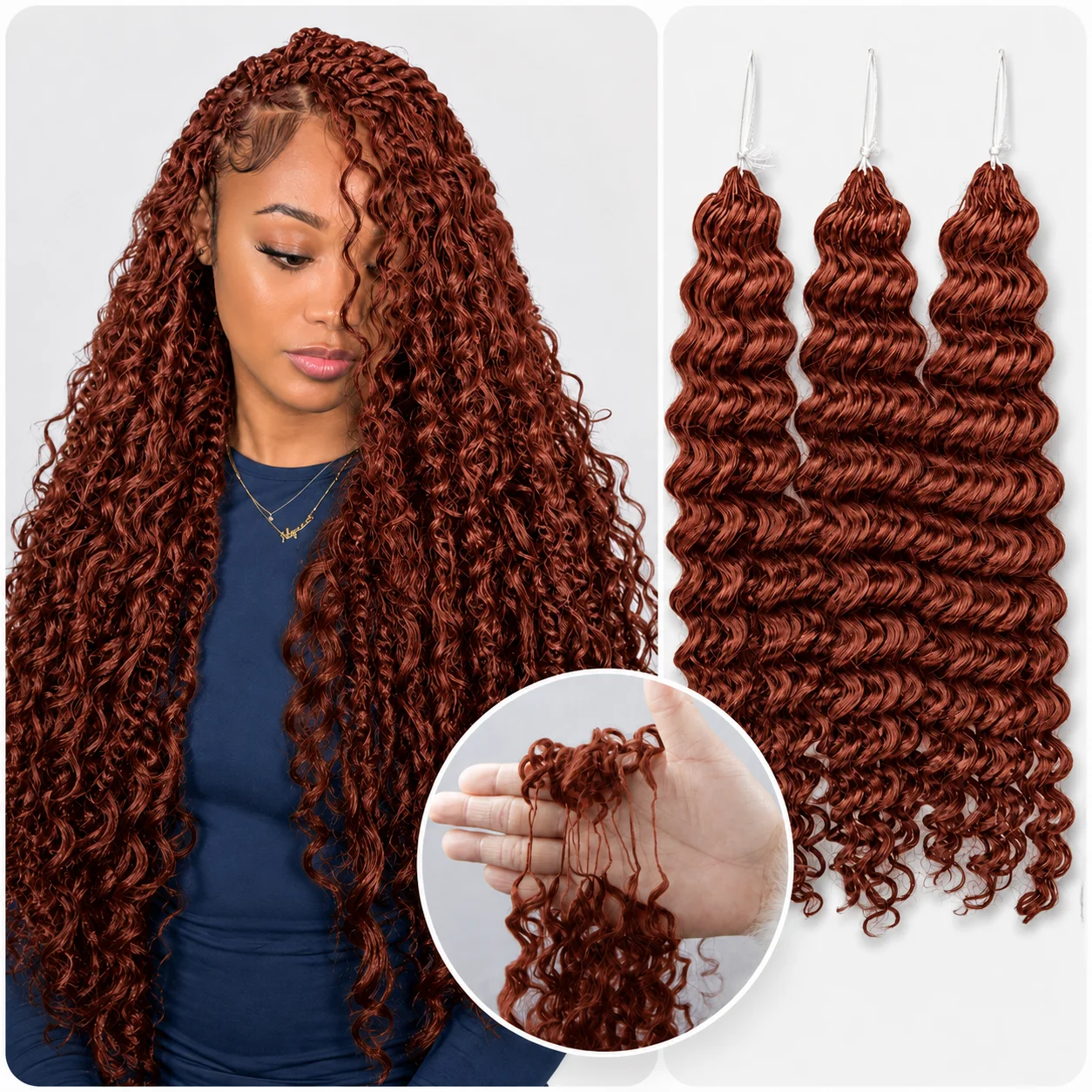 Extensions de cheveux humains au crochet, brun rougeâtre, ondulations profondes, nœuds miracle, doux comme des plumes, pour tresses, pour femmes noires, pointes naturelles et volumineuses