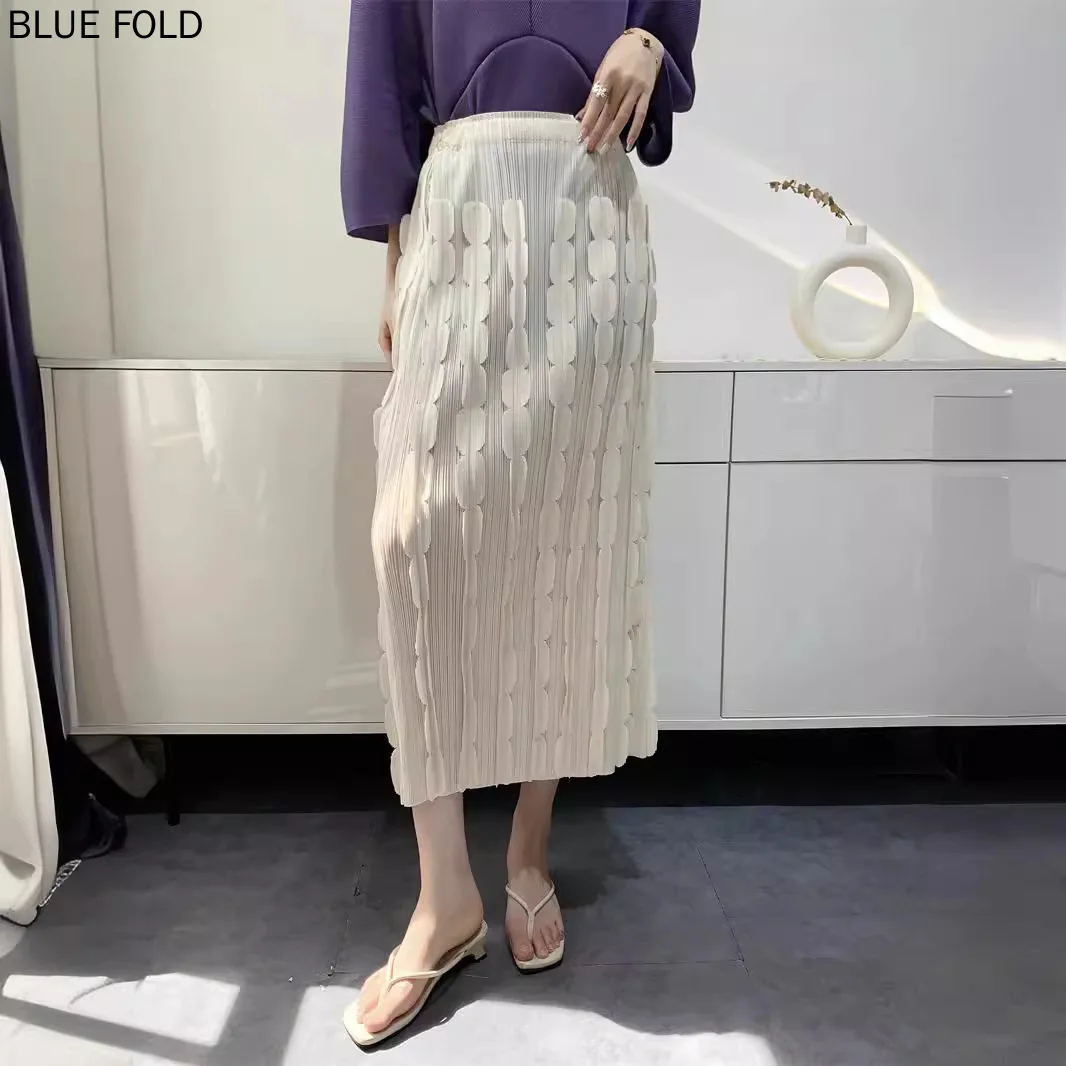 MIYAKE Women\'s Autumn 2024 Pleated Skirt Patch Three-dimensional Decoration Comfortable Casual Pleats Skirt Design Elastic Waist