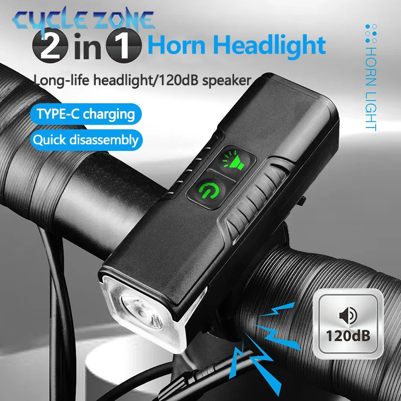 2-in-1 Bicycle Horn Light TYPE-C Rechargeable Bike Headlight Flashlight Bicycle Bell Lantern MTB Front Lamp Cycling Accessories