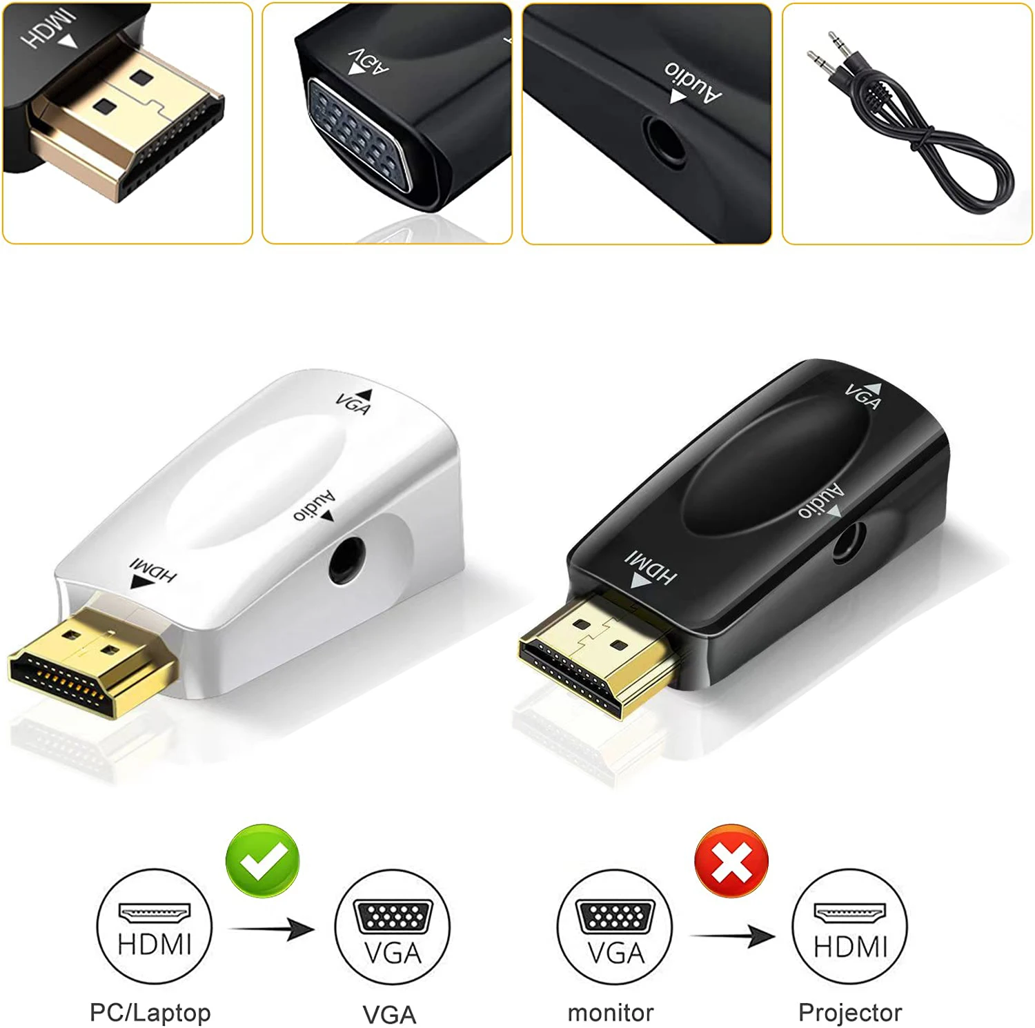 4K HDMI to VGA Adapter Converter with 3.5mm Audio Jack Cable  Male to Female for Laptop PC Desktop Monitor Projector HDTV DVD