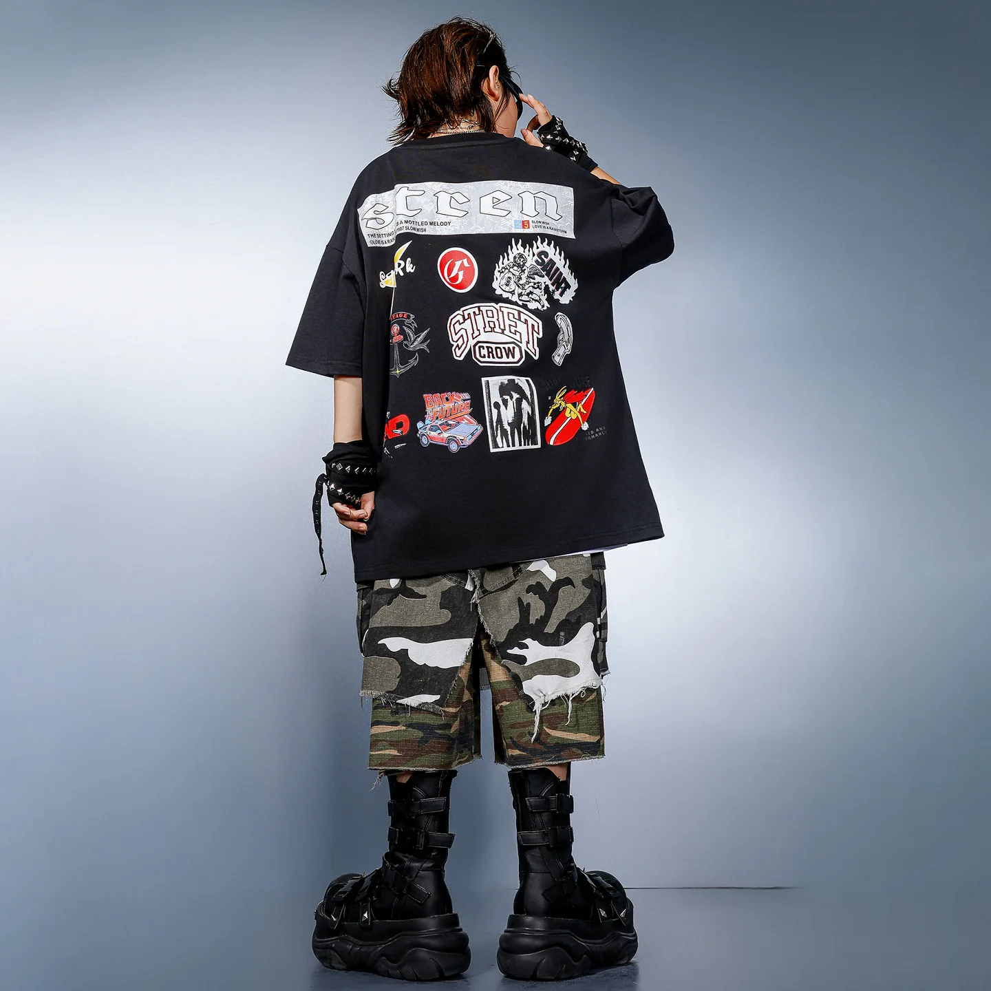 

Kid Kpop Hip Hop Clothing Black Letters T Shirt Camo Color Block Cargo Shorts Middle Pants for Girl Boy Dance Costumes Clothes
