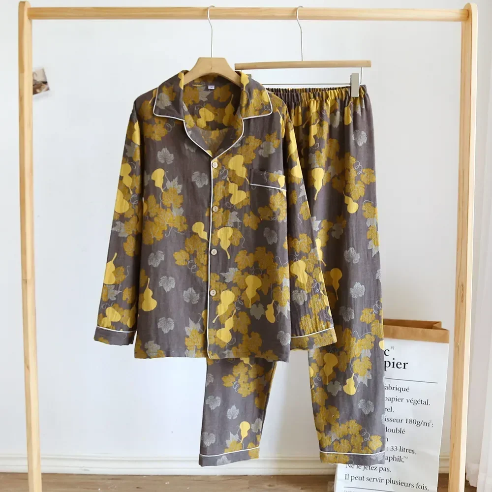 

Clothes Print Cardigan Set Casual Cotton Loose Pajamas Two-piece Sleepwear New Couple Loungewear Yarn-dyed Long-sleeved Home