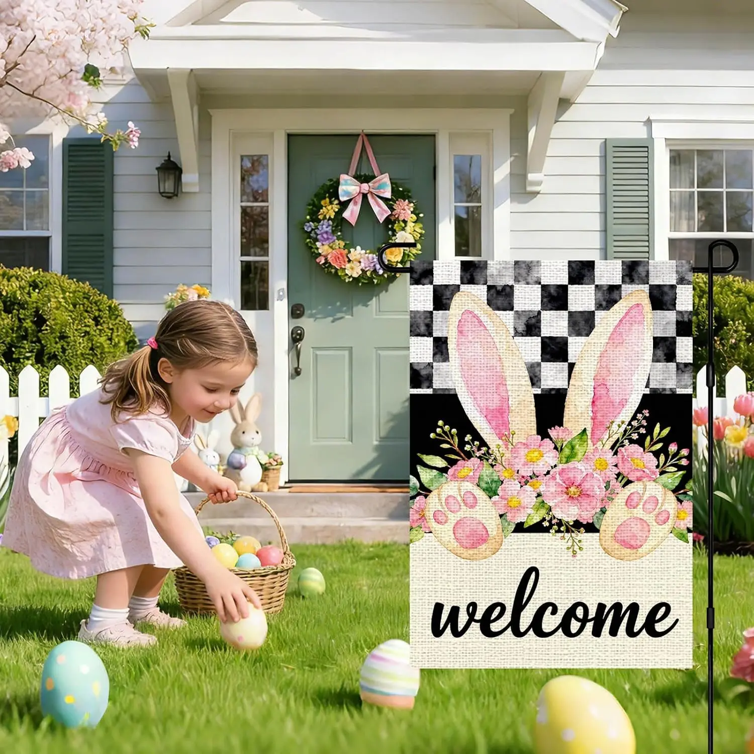 IVN Easter Bunny Garden Flag 12x18 Linen Welcome Bunny Ears Paw Prints Pink Flowers Buffalo Plaid Farmhouse Watercolor Doubl PPM