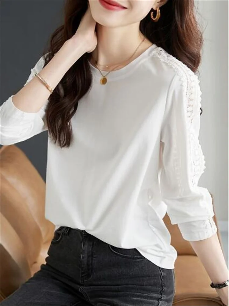 Cotton T-shirt Lace Top For Women Spliced Hollow Out Female Tshirts Simplicity White Blous Oneck Long Sleeve OL Lady Tees Tops