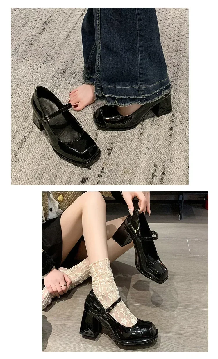 Damen Sommer Schwarze Neue Kleine Lederschuhe Mary Janes Vintage Schnalle Rutschfeste Sandalen Damen Mittelhohe Absätze Lässige Elegante Absätze – Detail 2