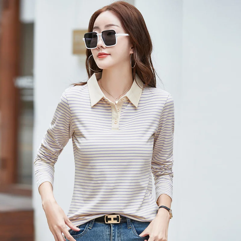 Spring Long Sleeve Striped Polo Shirt Women Cotton Stretch Fashion Summer Autumn Elegant Knitted Polo T-shirt For Women 2024