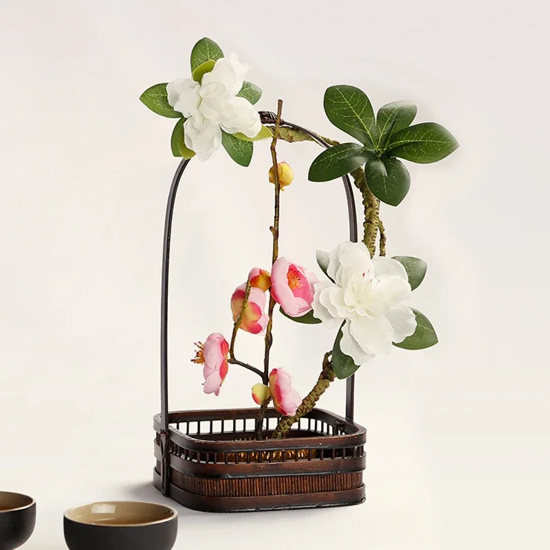 Retro new Chinese flower basket living room Ohara stream bamboo weaving flower device vase dried flower arrangement Japanese ike