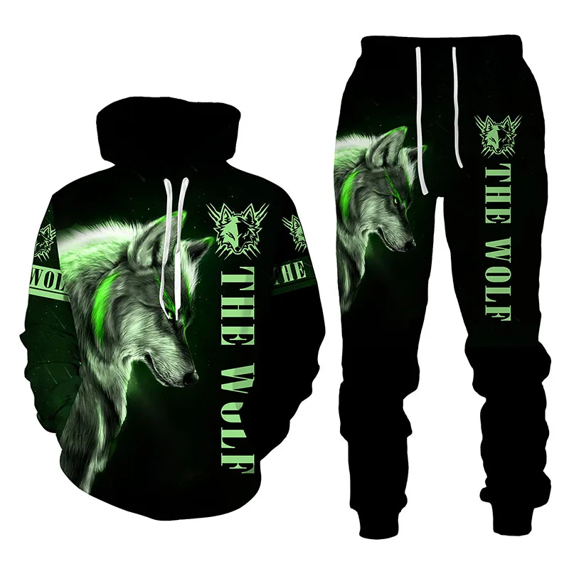 Men Tracksuit Wolf Clothes 3D Printed For Men Clothing Hooded For Men's Sweatshirt Pants Sportswear Suit Autumn Long Sleeve Sets