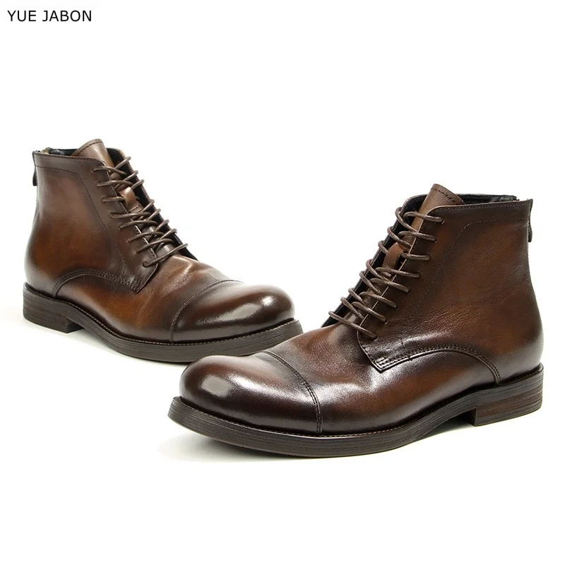 Brown New Fashion Round Toe Lace-up Men Autumn Winter Ankle Boots Male Leisure Real Leather Shoes Slip-proof Men Black Footwears