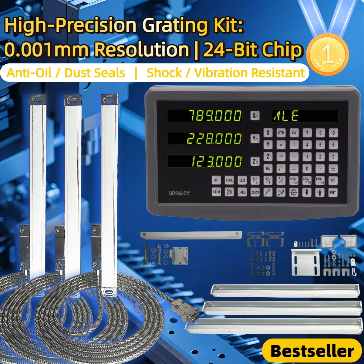 NEW 3 Axis DRO Digital Readout Kit with 3pcs 1um or 5um DRO Linear Scale Grating Glass Ruler for Milling Lathe Tool SDS6-3V