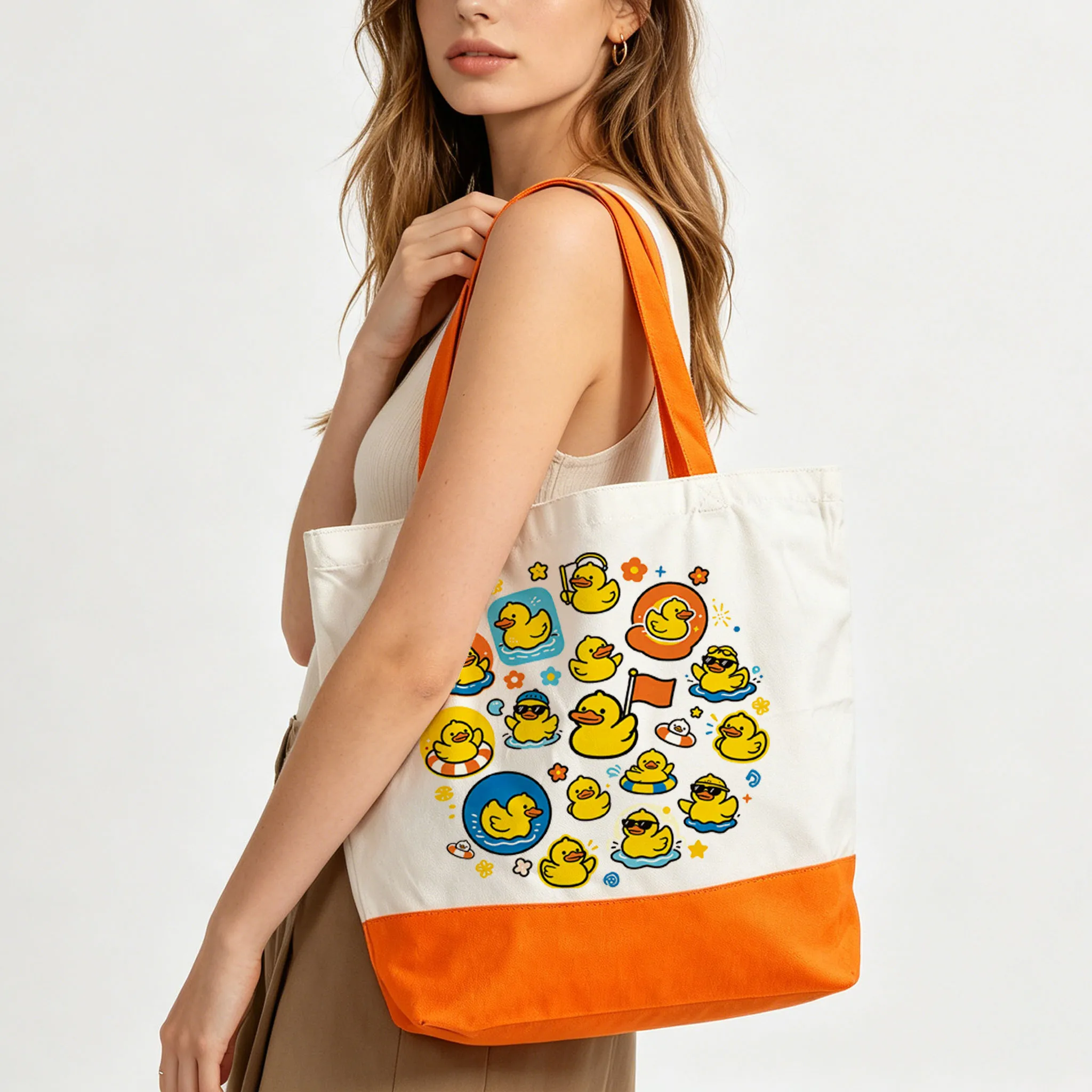 

1PC Canvas Bag with Duck Emblem Large Capacity Single Shoulder Handbag Eco-Friendly Shopping Bag Book Storage
