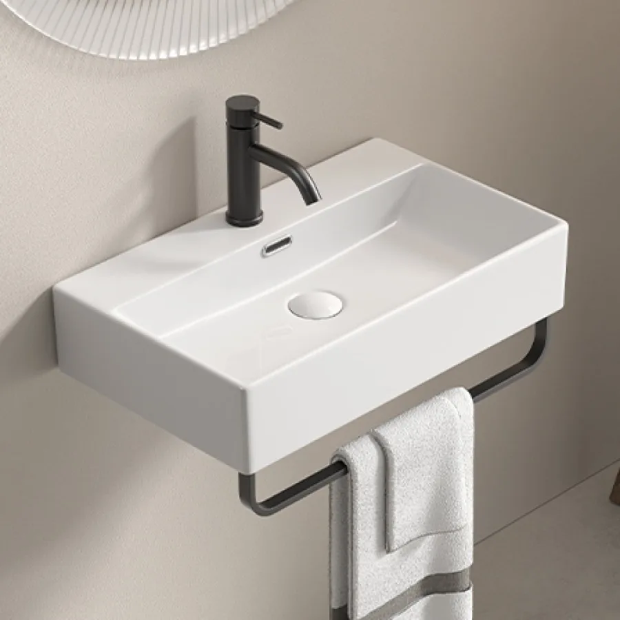 

23.63" x 14.18" White Ceramic Bathroom Sink with Towel Rack Bathroom Vessel Sink Wall Mount Basin Vanity Sink