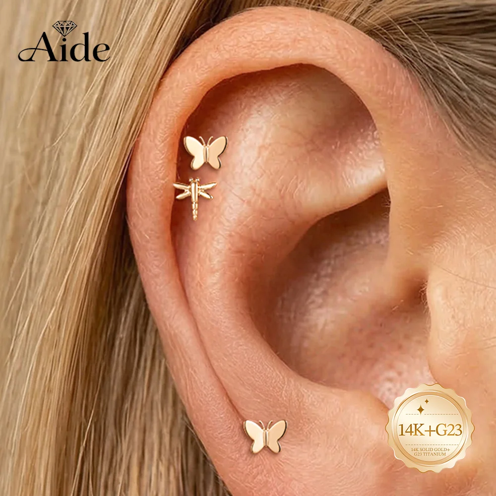 AIDE 14K Solid Gold Smooth Dragonfly Butterfly CZ Women's G23 Titanium Flat Back Piercing Ear Bone Nail Birthday Surprise Gifts