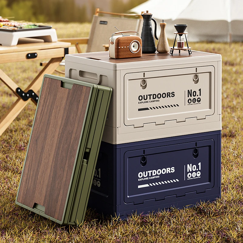 Outdoor camping revenue box - multi-functional folding vehicle storage box - large capacity wooden lid organizing box