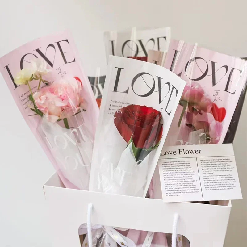 20pcs 14x40cm Single Rose Bouquet Wrapping Bag Transparent OPP Bags LOVE Flower Packaging Bag Valentine's Day Gift Party Suppliy