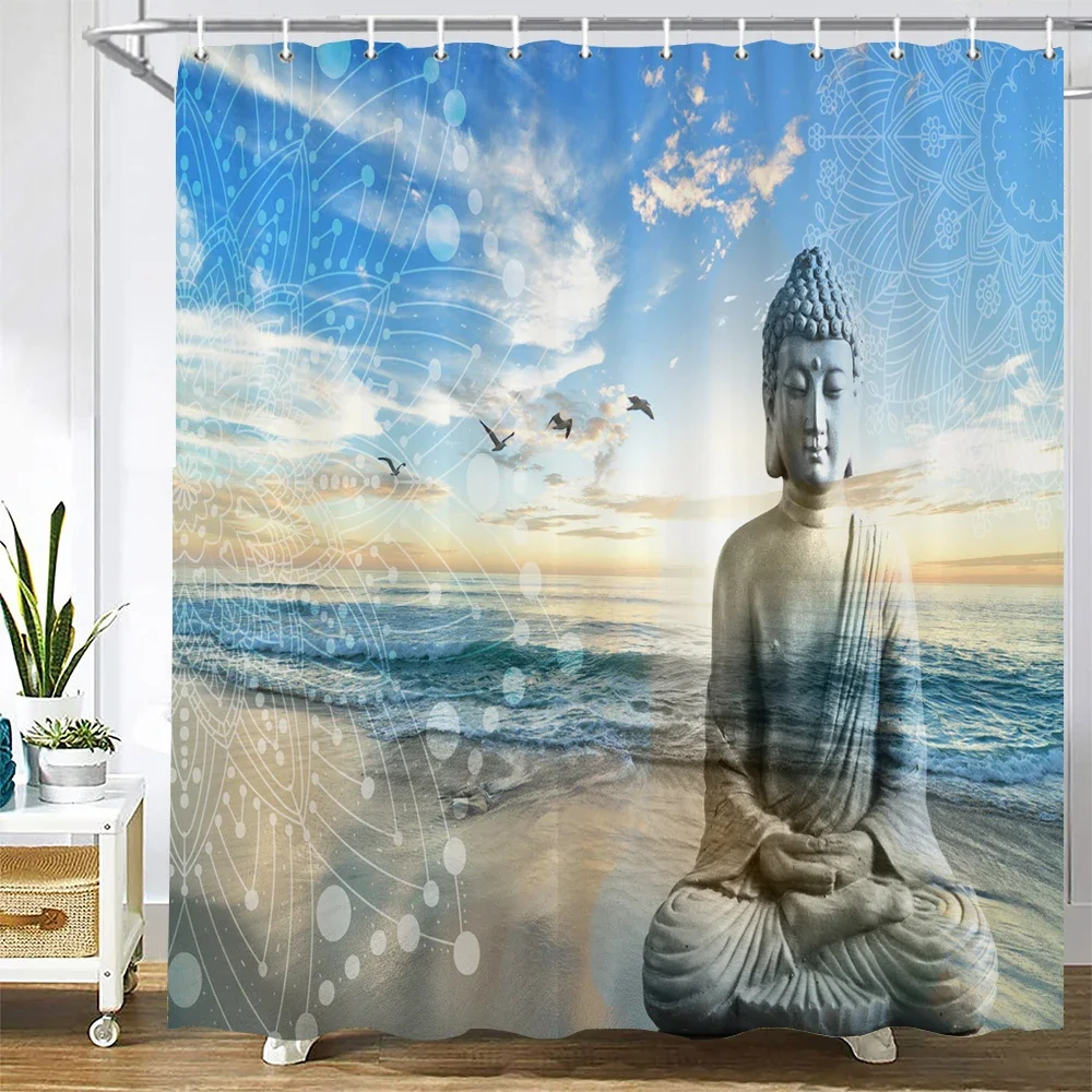 Bathroom Shower Curtains Buddha Statue Bamboo Bath Screens Home Decor Waterproof Polyester Fabric  With Hooks 240x180xm