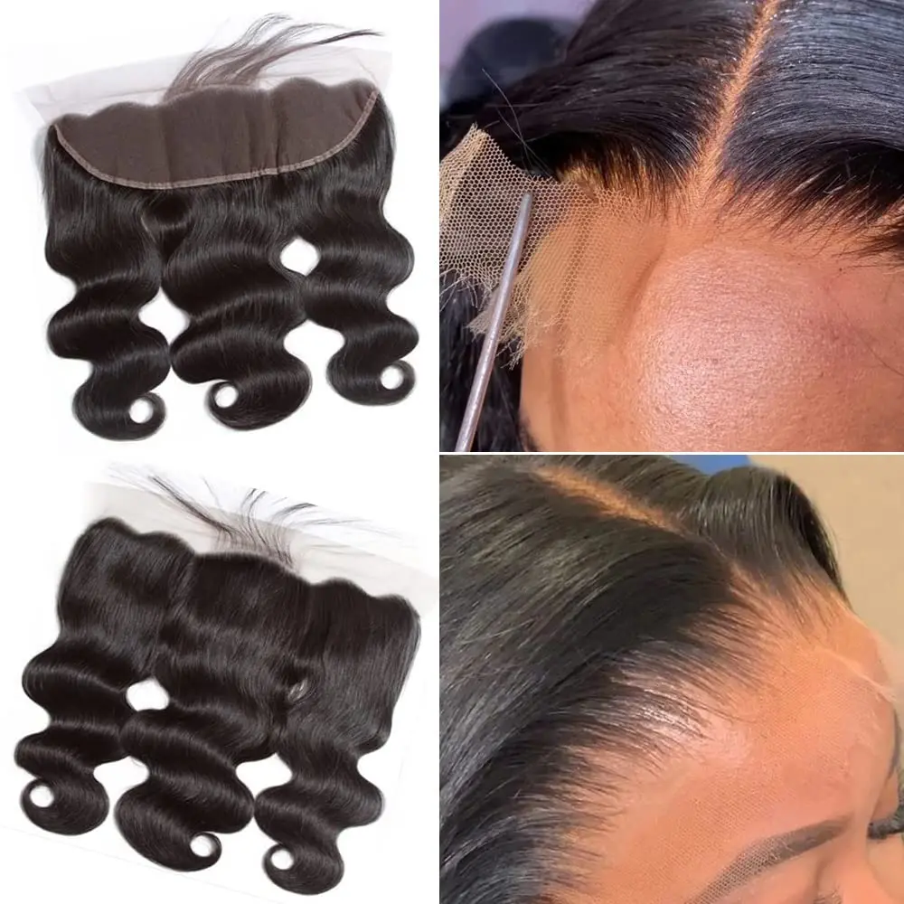 Frontale en dentelle transparente Body Wave 13x4 pré-épilée, en dentelle suisse, cheveux humains naturels brésiliens, avec closure en dentelle 4x4