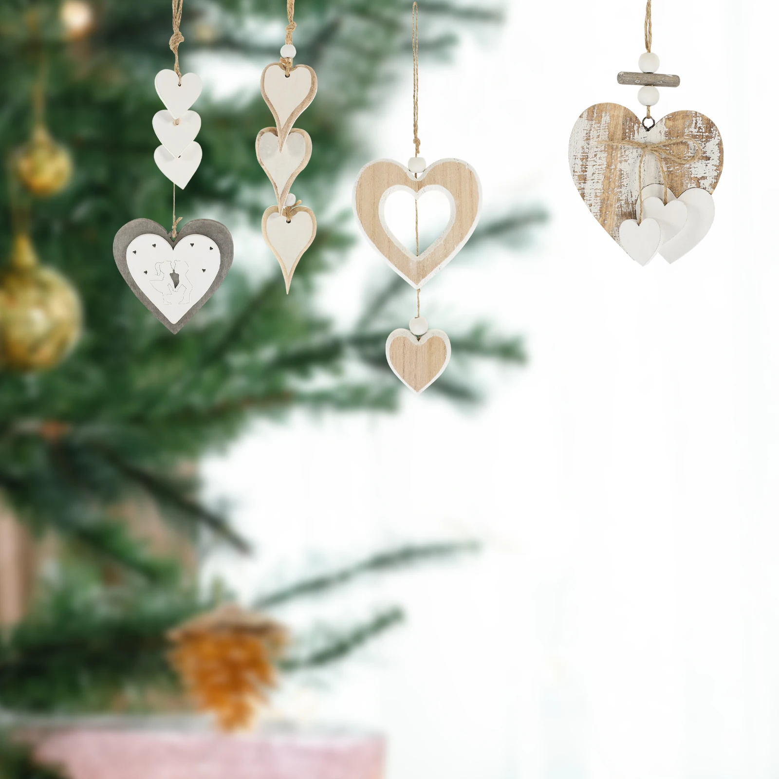 

7 Heart Shaped Wooden Decorations Hanging nament for Wedding Party Valentine Christmas Home Car Classic Hearts Festive
