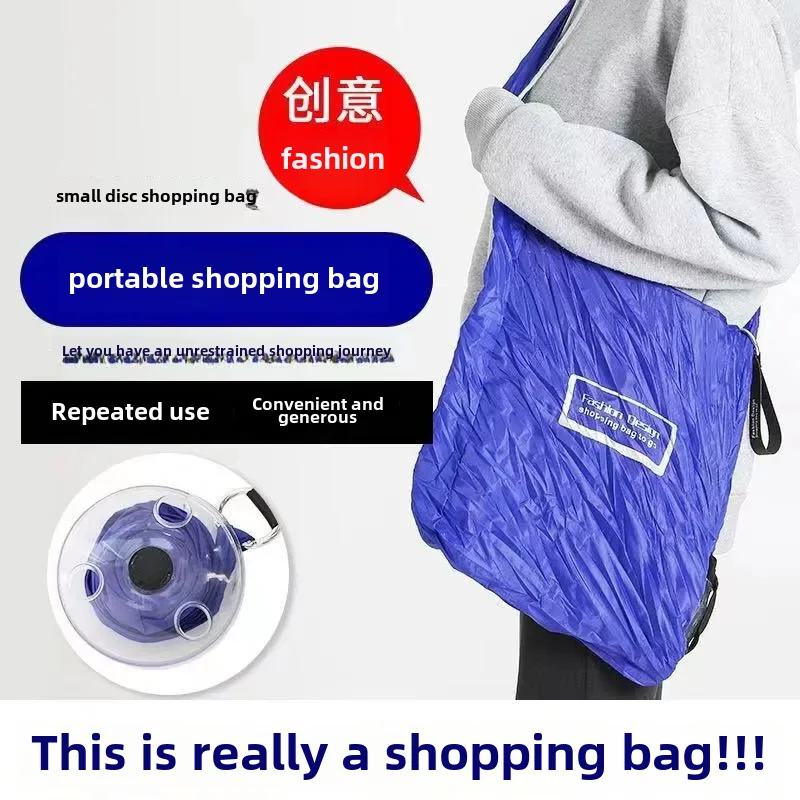 Cross-border foldableing telescopic rotating polyester bag supermarket convenient grocery shopping bag small disc storage bag...