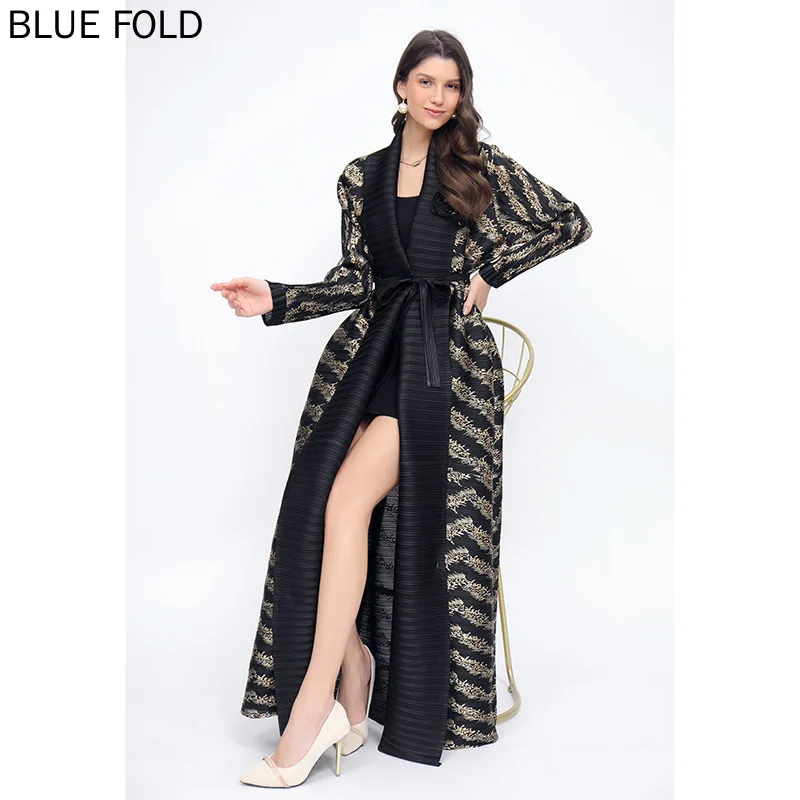 Miyake Pleated Gold-stamped Large-size Robe Windbreaker for Women Autumn and Winter European and American Zebra Pattern Trench