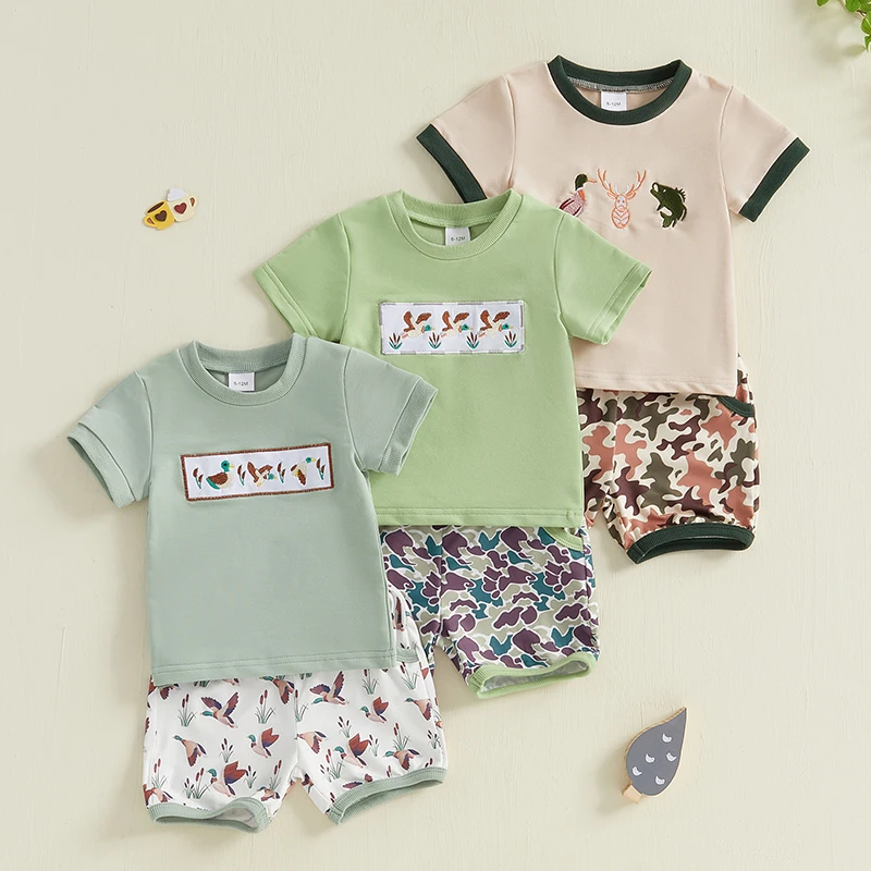 Toddler Baby Boy Hunting Clothes Mallard Duck Short Sleeve T Shirt Top Camo Shorts Set 2Pcs Casual Summer Outfits