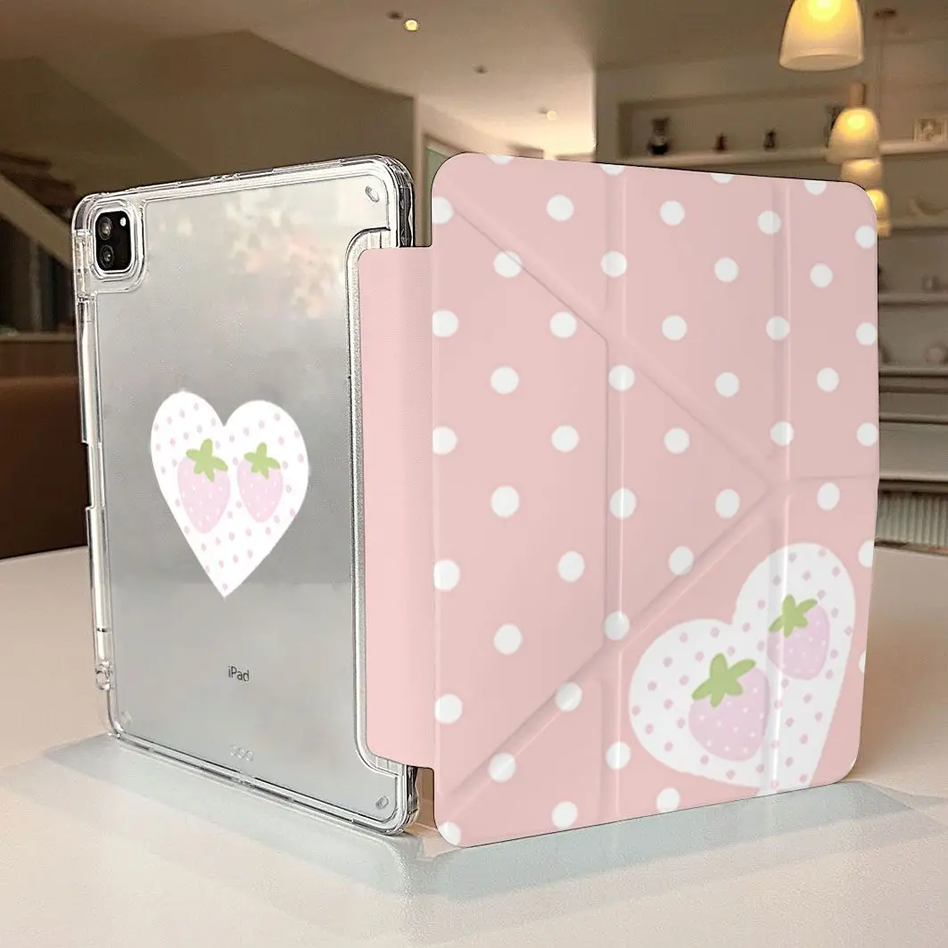Ins Love Wave Dot Strawberry iPad Case For iPad Pro 11 13in 2025 iPad Pro 12.9in Air7 10th 11th M4 M5 3+Y Fold Protective Cover