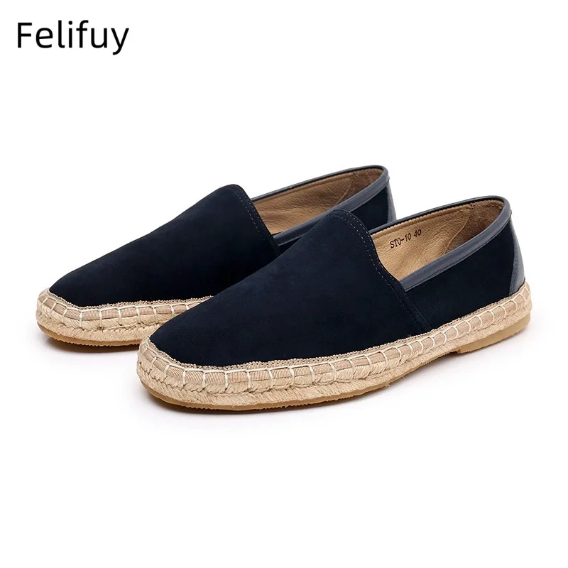 Men Sewing Real Leather Shoes Slip on Loafers Casual Shoes Man linen Grass Woven Flat Shoes Plus Size Fisherman Driving Footwear
