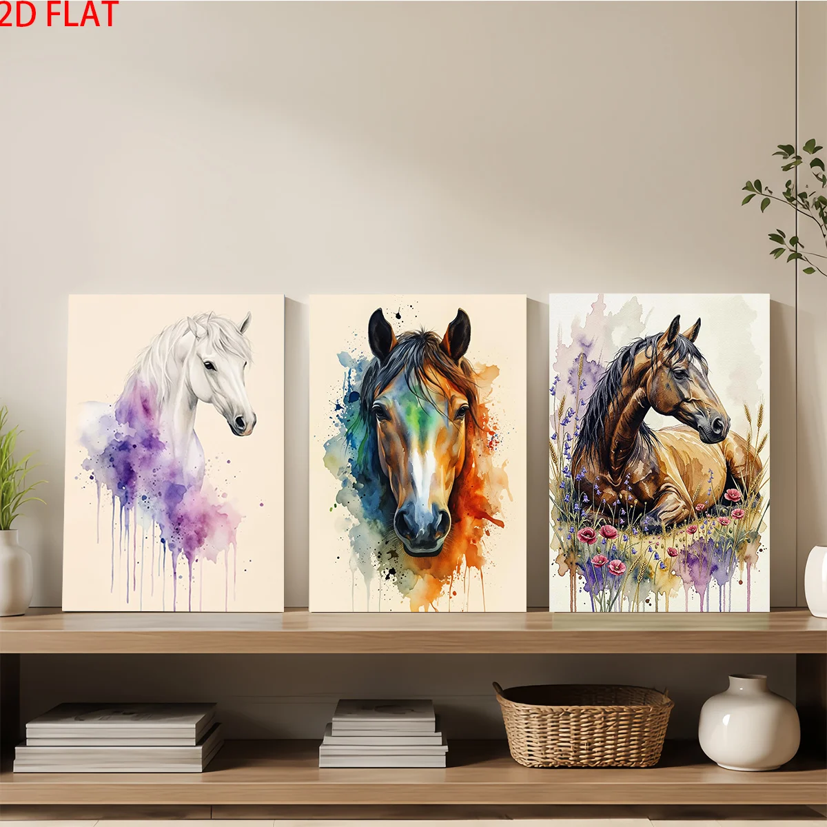 Frameless Canvas 2D Flat 3pc Wall Art – Three Watercolor Horse Portraits With Colorful Splashes And Floral Elements. Perfect