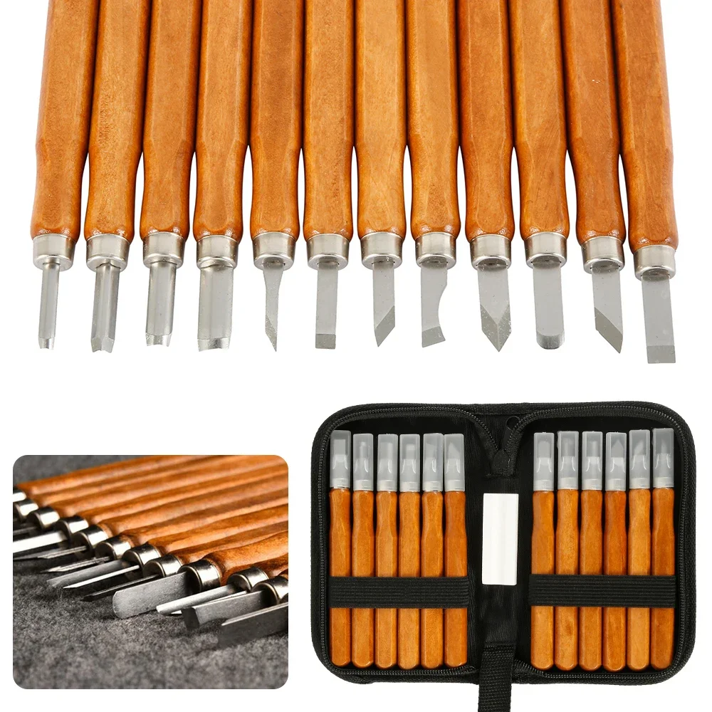 12-Pcs Wood Handle Carbon Steel Wood Carving Chisel Woodworking Graver Tool Set Wood Carving Knife DIY Hand Tool Carving Knife