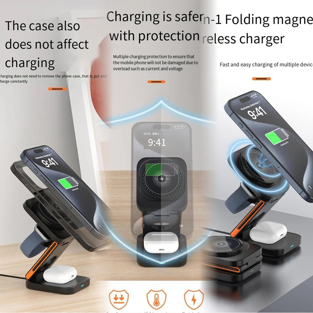 شاحن لاسلكي مغناطيسي 3 في 1 لأجهزة Apple محطة شحن سريعة لهاتف iPhone 16/15/14/13/12/Apple Watch/AirPods 3/2