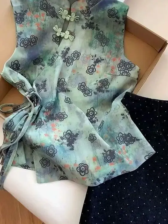 

Новая китайская женская летняя блузка с принтом, утягивающая талию, с завязками по бокам, модный топ для повседневной носки