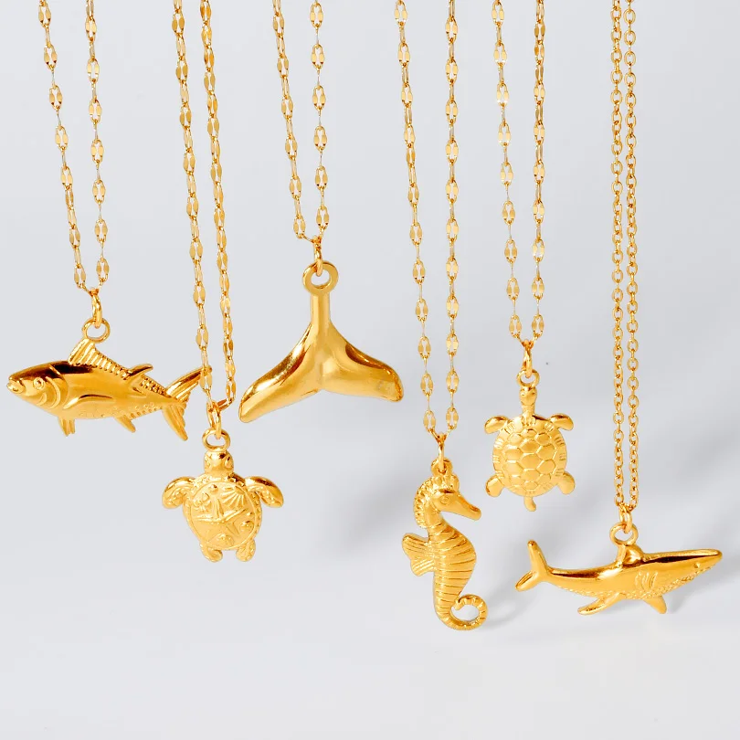 High Quality Gold Color Ocean Animal Sea Horse Turtle Pendant Necklaces For Women Men Jewelry Stainless Steel Necklace Choker