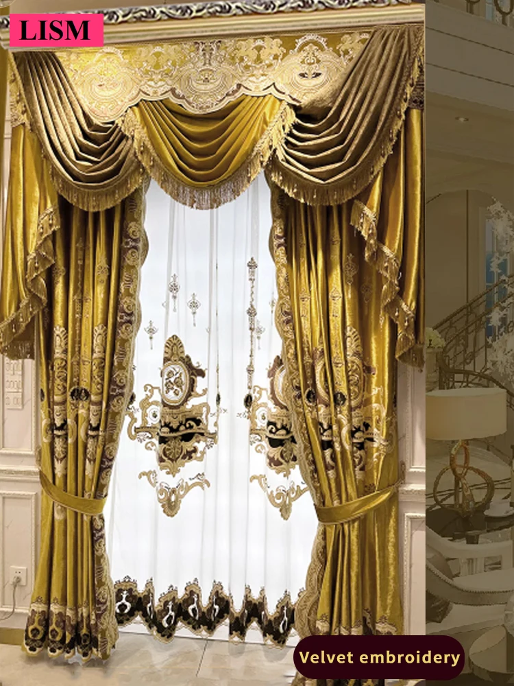 

Luxury European Thicken Velvet Golden Yellow Curtain Custom Retro Villa Living Room Bedroom Window Custom Valance Blackout Tulle