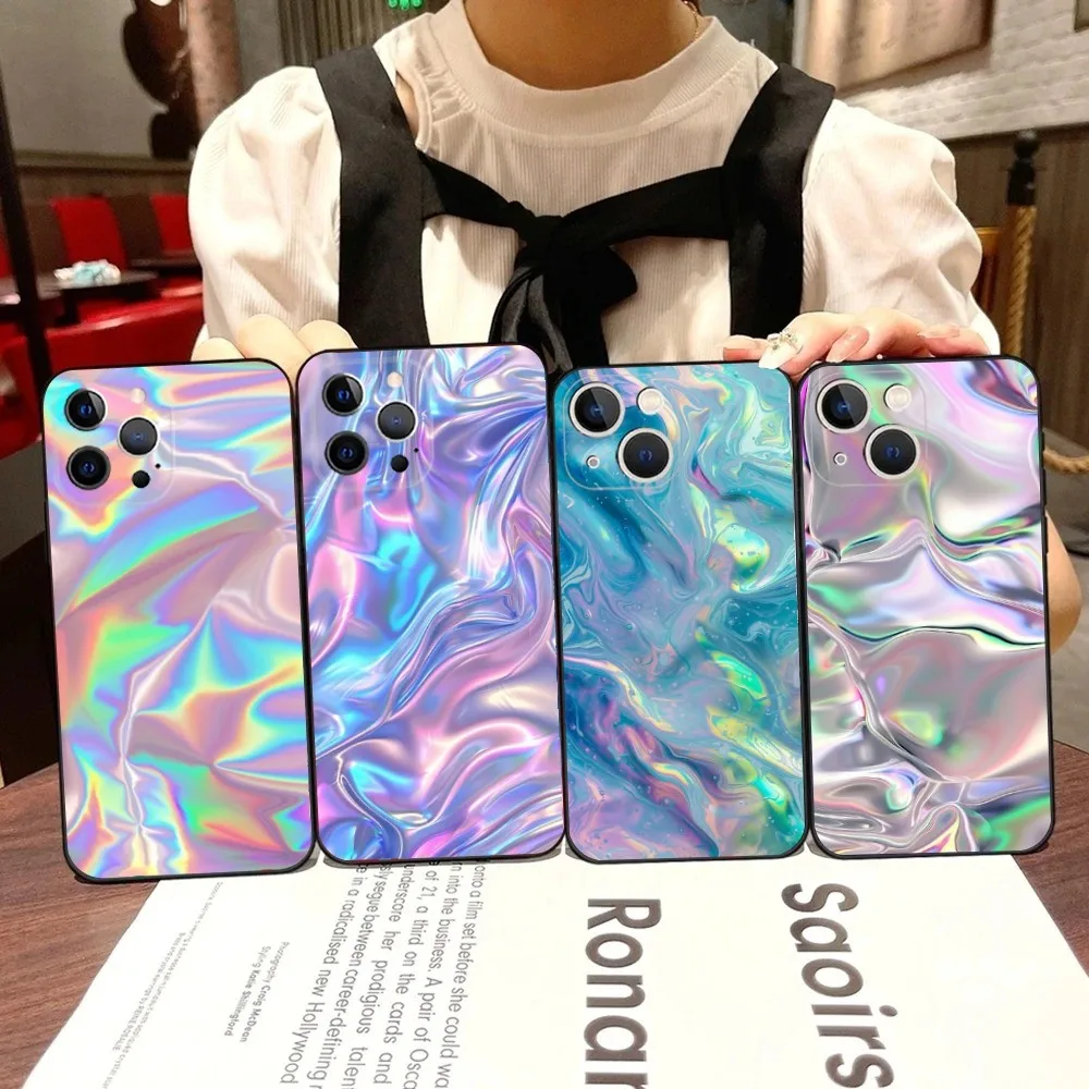 Rainbow Holographic Iridescence Phone Case For iPhone 16,15,14,13,12,11,Pro,X,XS,Max,XR,Plus,Mini Black Soft Silicone Case