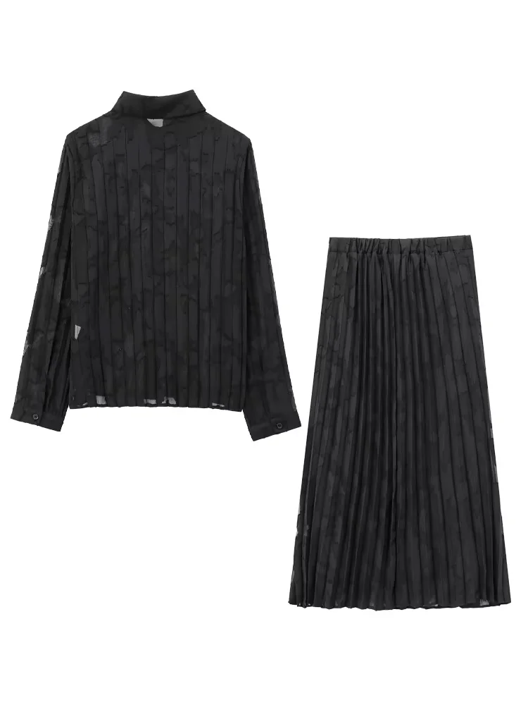 HH النساء الصلبة الدعاوى التلبيب واحدة الصدر طويلة الأكمام حرق التدريجي الطباعة شفافة مطوي قمصان + مرونة تنورة وسط مجموعة