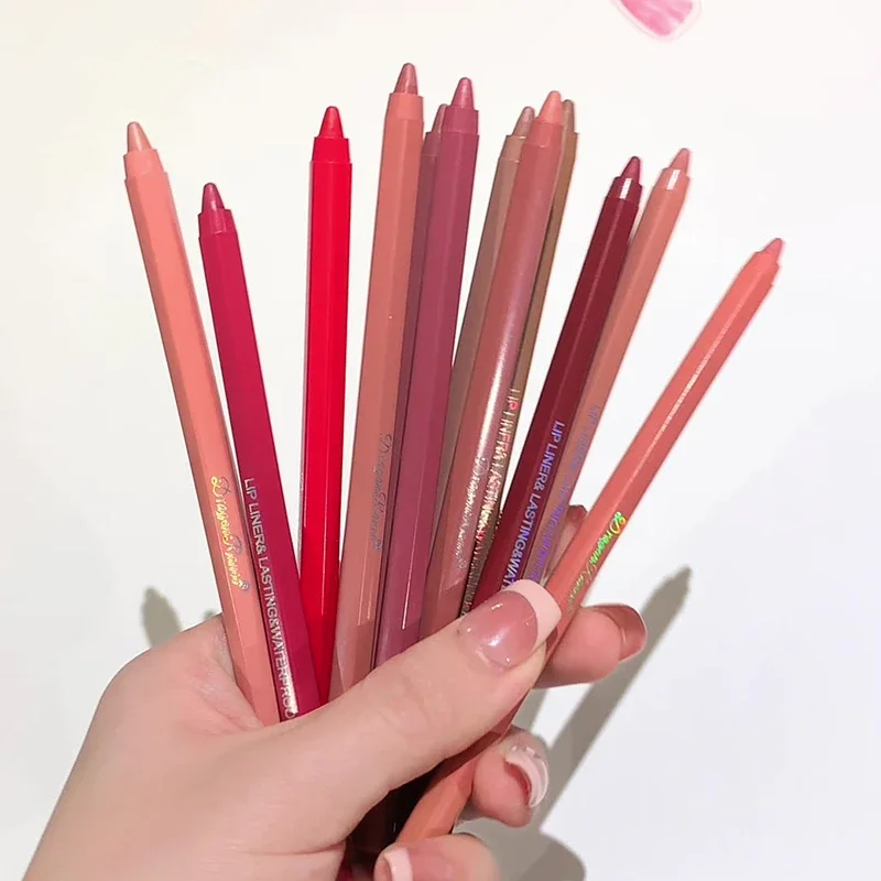 Lápis delineador labial de 12 cores, fosco, vermelho, marrom, plumping, duradouro, à prova d'água, batom fino, contorno labial fino, maquiagem