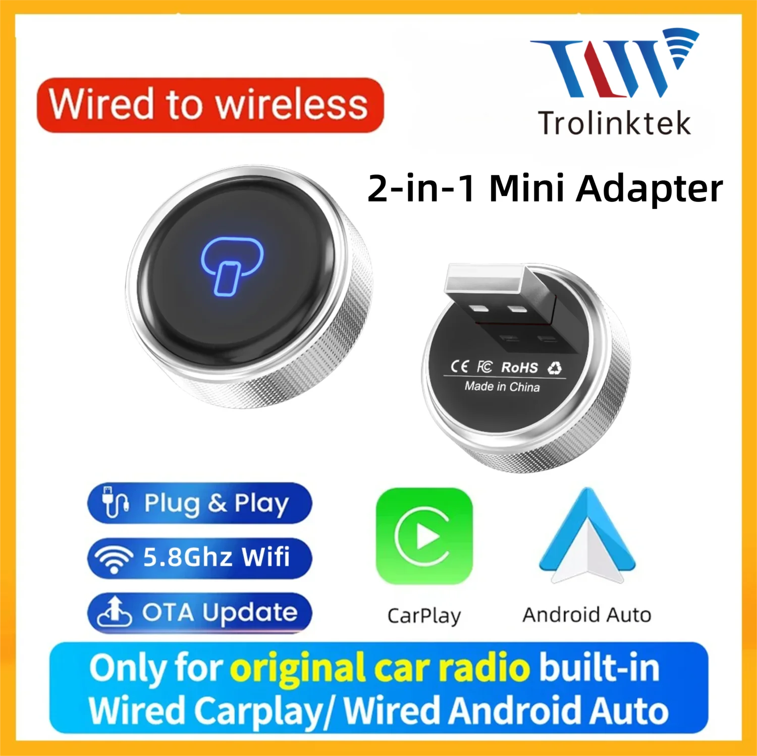 

Беспроводной адаптер CarPlay 2-в-1, беспроводной адаптер Android Auto, AI Smart Box, интеллектуальные автомобильные системы для автомобилей с проводным CarPlay