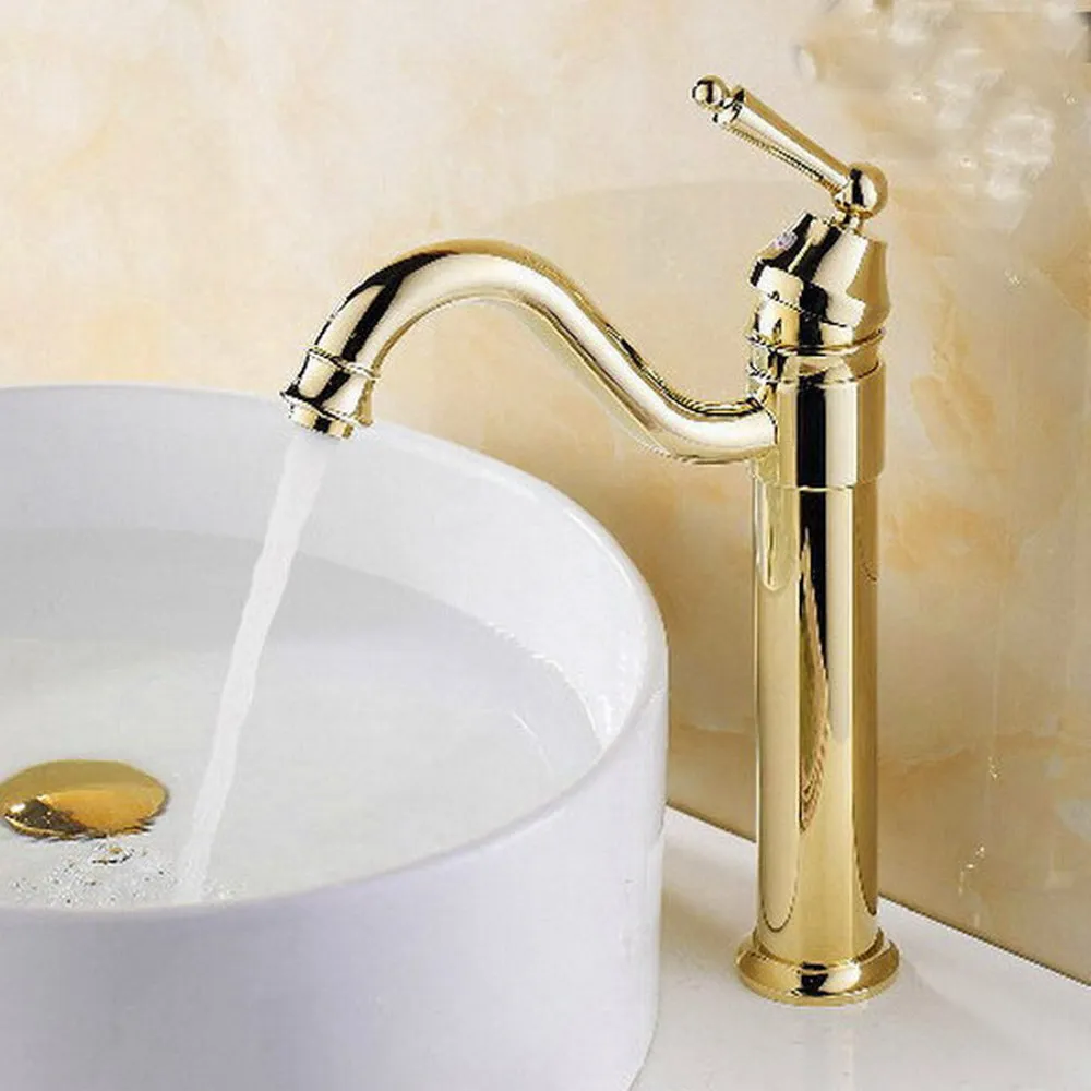 Bathroom Faucet Gold Color Brass Basin Faucet Deck Mounted Single Handle Single Hole Hot And Cold Water Tap znf214